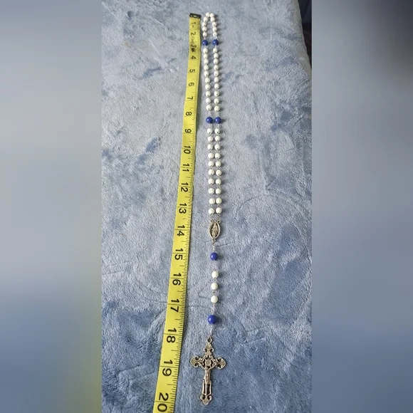 Elegant Rosary Beads White Ceramic & Blue Glass Beaded Necklace 20" - Picture 2 of 5